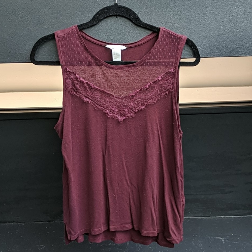 Burgundy Tank Top, Lace Neckline